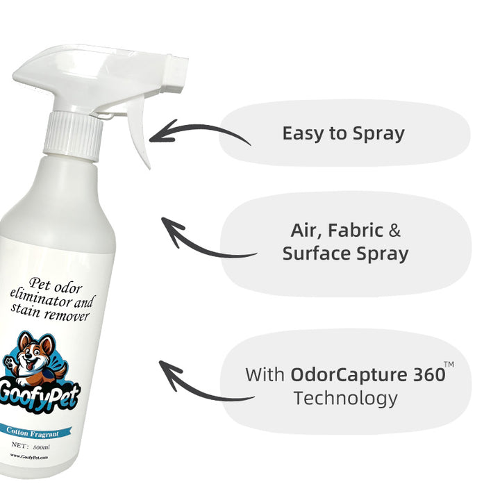 Natural Pet Odor Eliminator Spray, Cotton Fresh Scent, Safe for Pets & Home, Neutralizes Odors in Pet Beds, Furniture, and Carpets, Long-Lasting Freshness, Eliminates Urine Poop Pee Odor