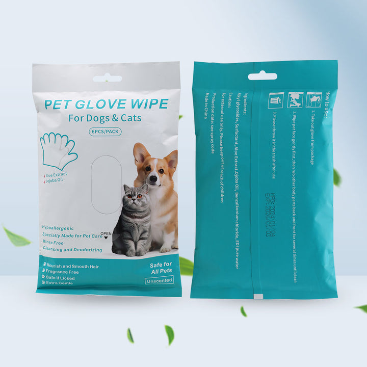 6 pcs/pack Cleaning & Deodorizing Bathing Wipes for Dogs and Cats Pet Grooming Wipes for Face, Body and Paws, Moisturizing No-Rinse Disposable Gloves