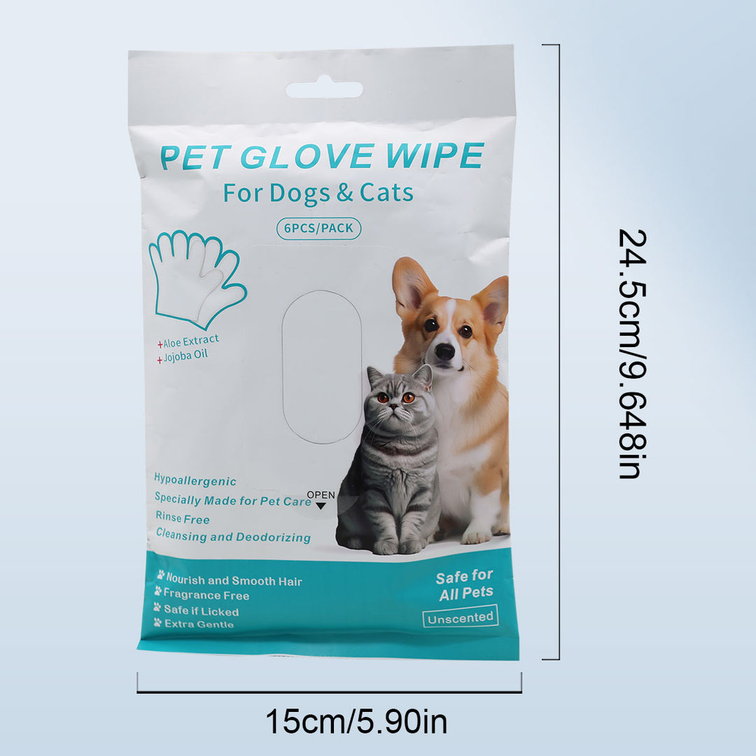 6 pcs/pack Cleaning & Deodorizing Bathing Wipes for Dogs and Cats Pet Grooming Wipes for Face, Body and Paws, Moisturizing No-Rinse Disposable Gloves