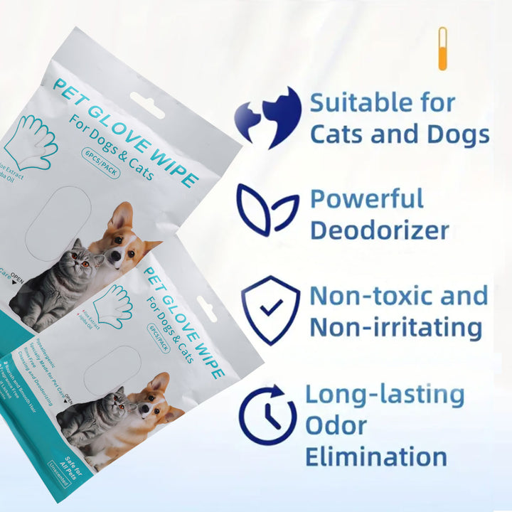6 pcs/pack Cleaning & Deodorizing Bathing Wipes for Dogs and Cats Pet Grooming Wipes for Face, Body and Paws, Moisturizing No-Rinse Disposable Gloves