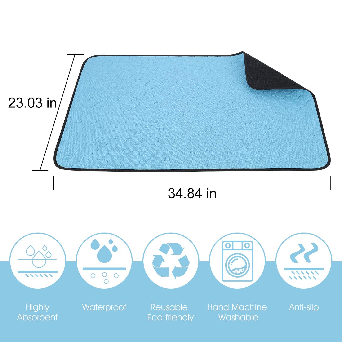 Washable Pee Pads for Dogs, Pee Pads Waterproof Potty Training Pad for Dogs, 89.5 x 59.2cm/34.5"x23", Rusableable Pee Pads Non-Slip Pee Pad Suitable for Puppies and Cats, Blue 2 Pack