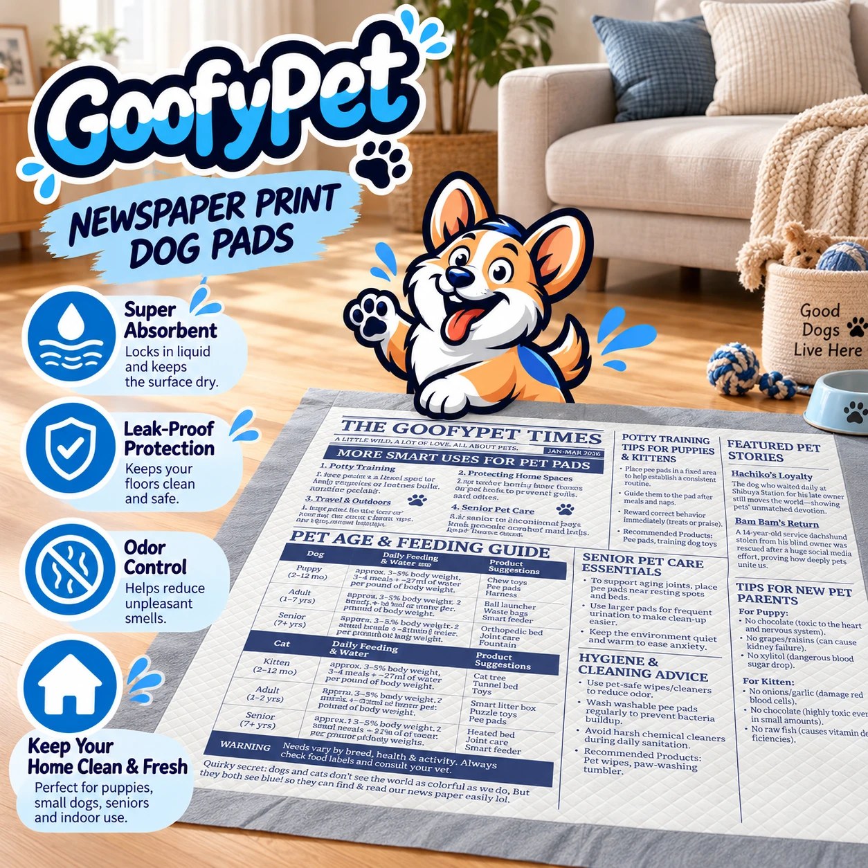 GoofyPet newspaper print dog pads on a living room floor